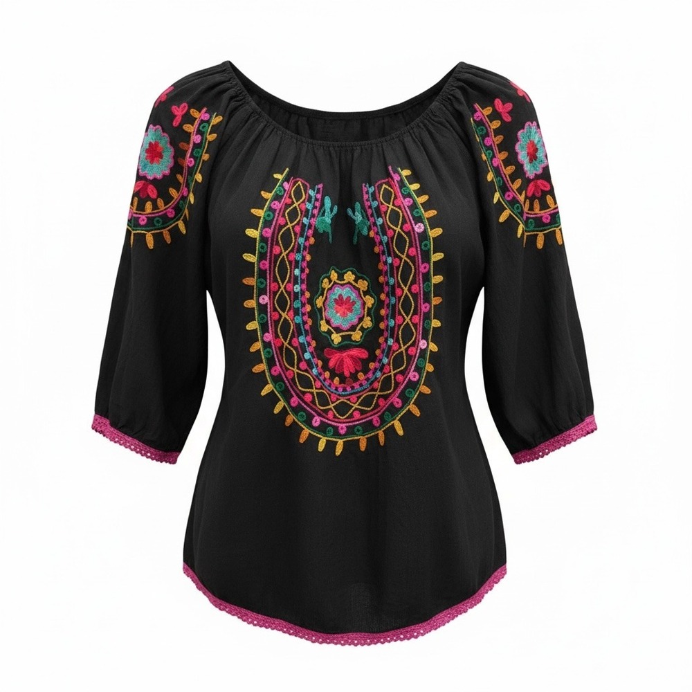 Cute Options Embroidered Floral Boho Tunic Top Women's L Black Festival Colorful